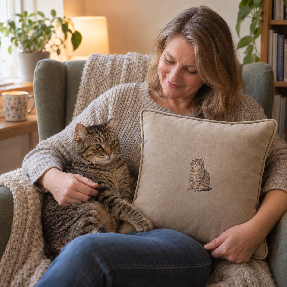 Woman with a tabby cat and a neutral personalised embroidered cat portrait cushion with a small centred pet design