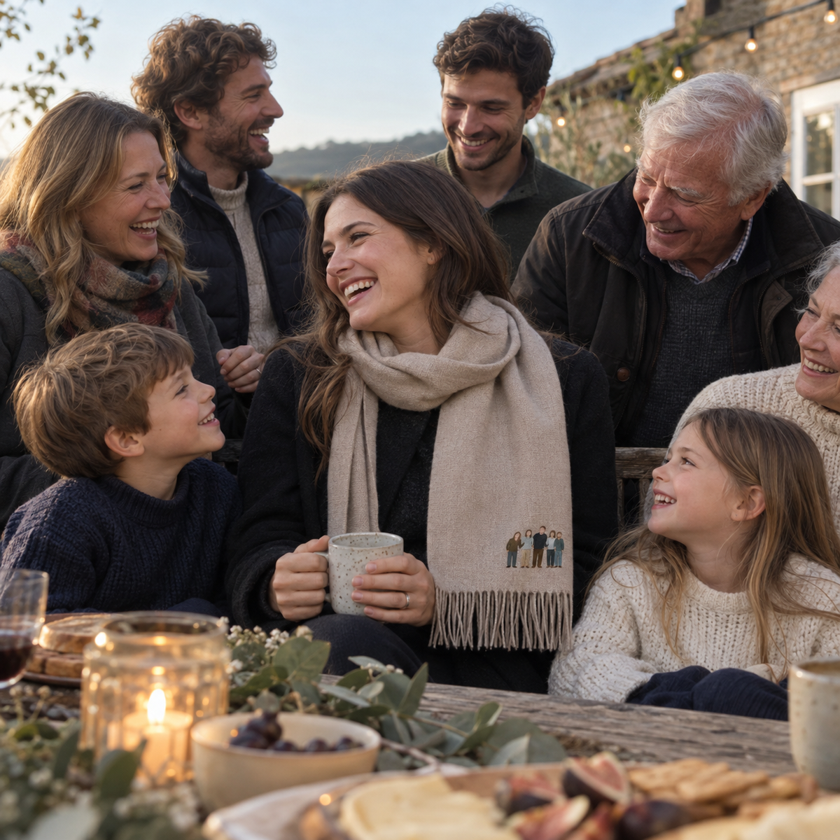 Family gathering with a personalised embroidered photo scarf featuring a small muted group portrait inspired by a family photo
