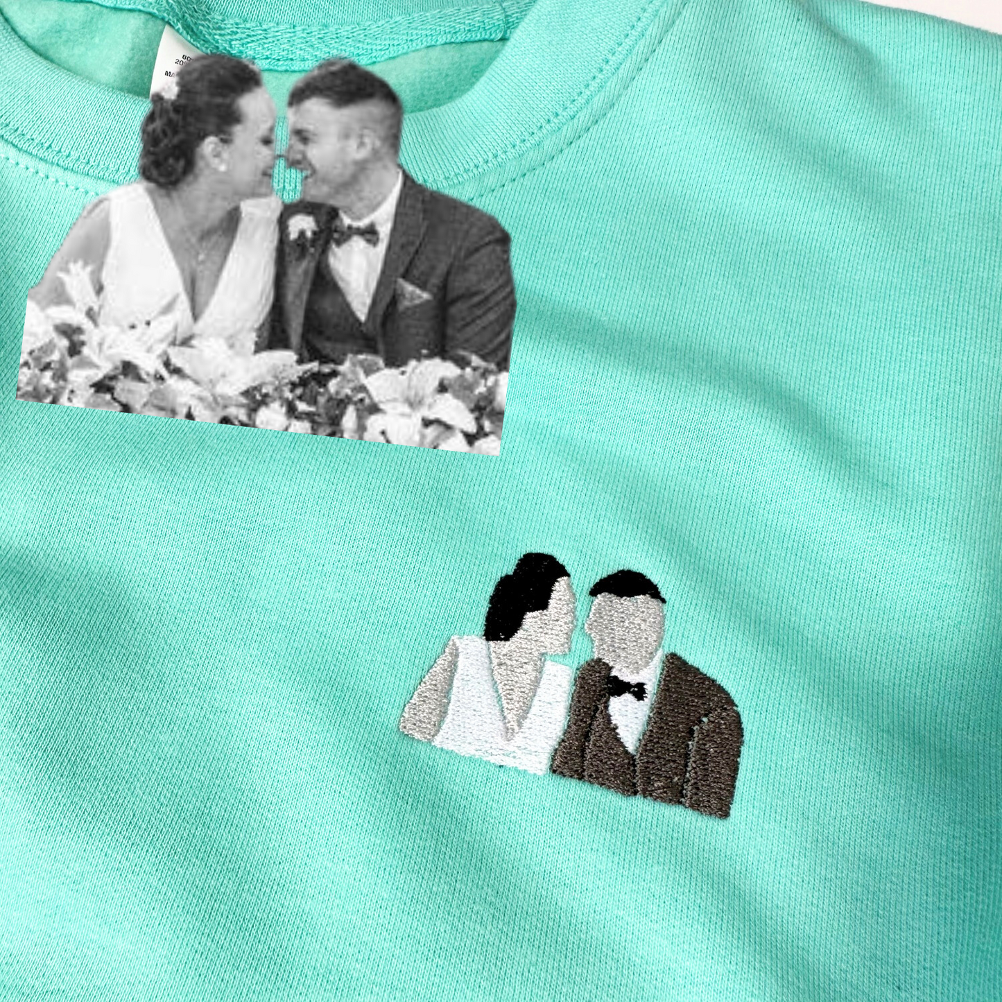 An exquisite embroidered sweater in a refreshing peppermint hue, showcasing a close-up of a customer's cherished image transformed into a stunning work of art through intricate embroidery