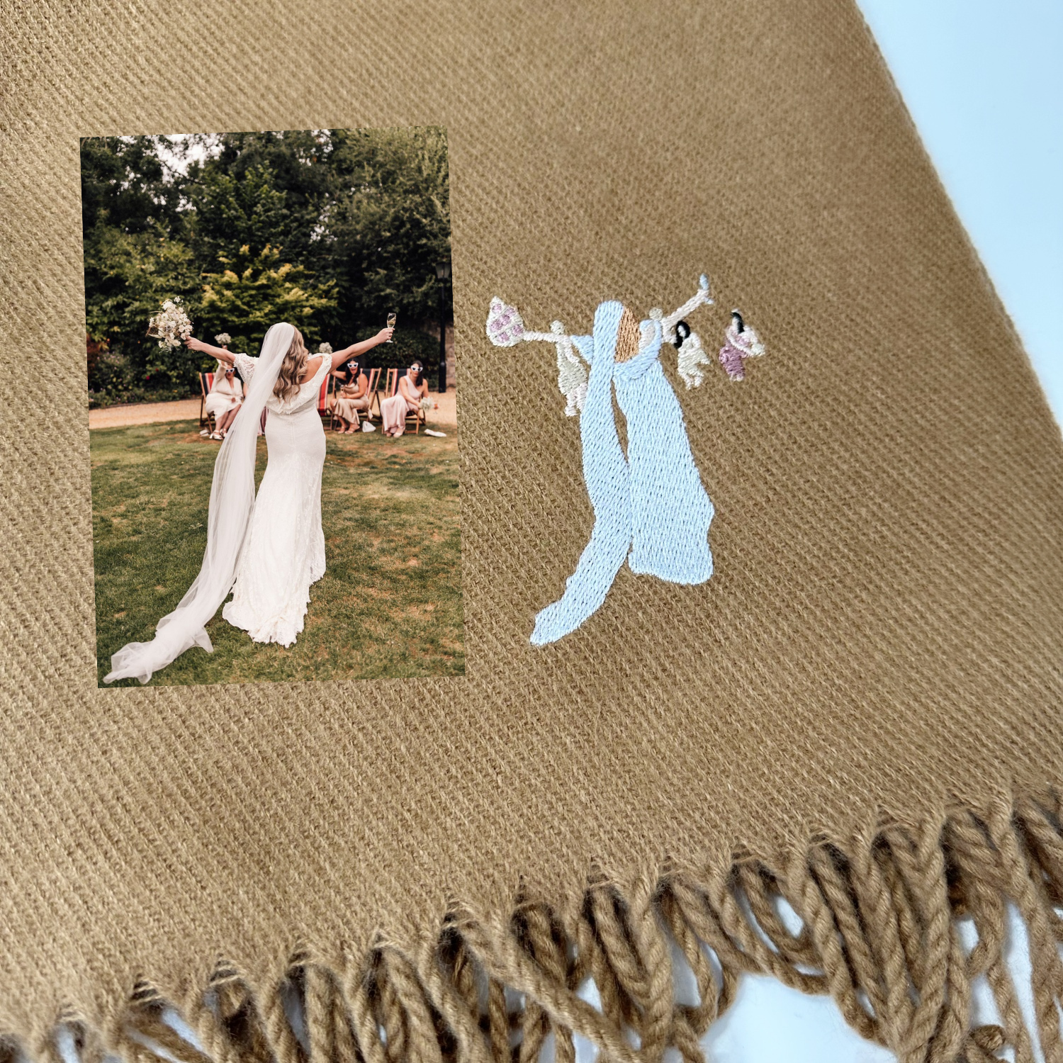 Shop our unique embroidered scarf, featuring a close-up of a stunning work of art created from your favourite image. This beautiful biscuit-coloured sweater is adorned with intricate embroidery, showcasing the fine details and craftsmanship of our skilled artisans. Add a touch of personalised style to your wardrobe with this one-of-a-kind embroidered scarf
