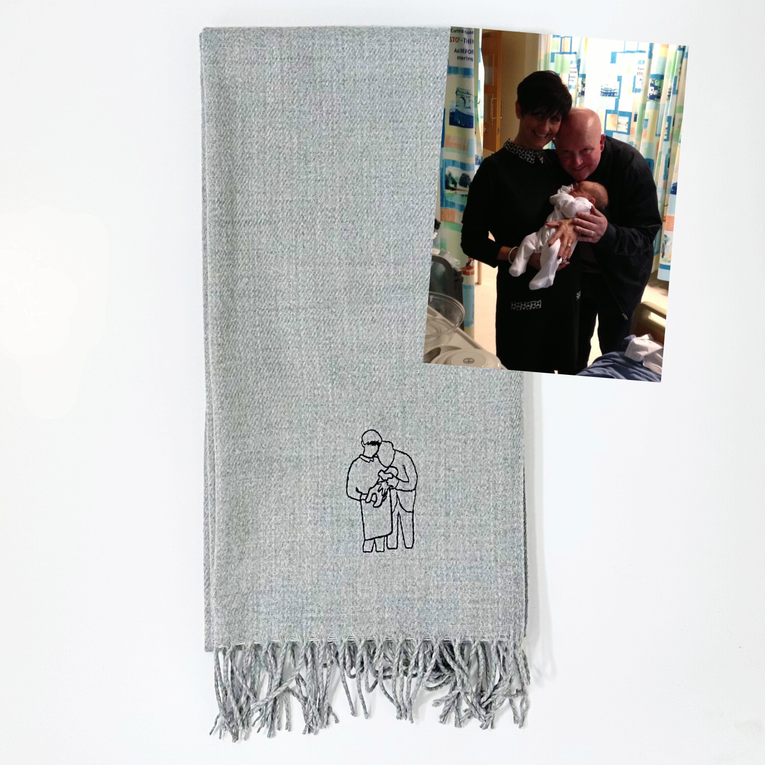 Custom embroidered scarf with grey fabric and black thread, featuring outline artwork for a luxurious and stylish accessory. Transform your memories into wearable art