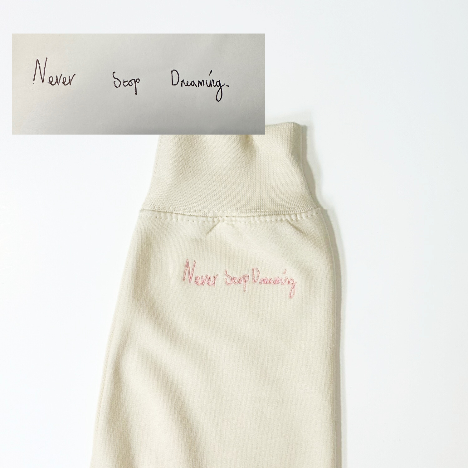 Personalized sweater sleeve with embroidered handwriting. Capture your beloved message in intricate embroidery on this cozy sweater. Your treasured writing turned into a wearable keepsake. Express your unique style with this heartfelt and custom-designed garment