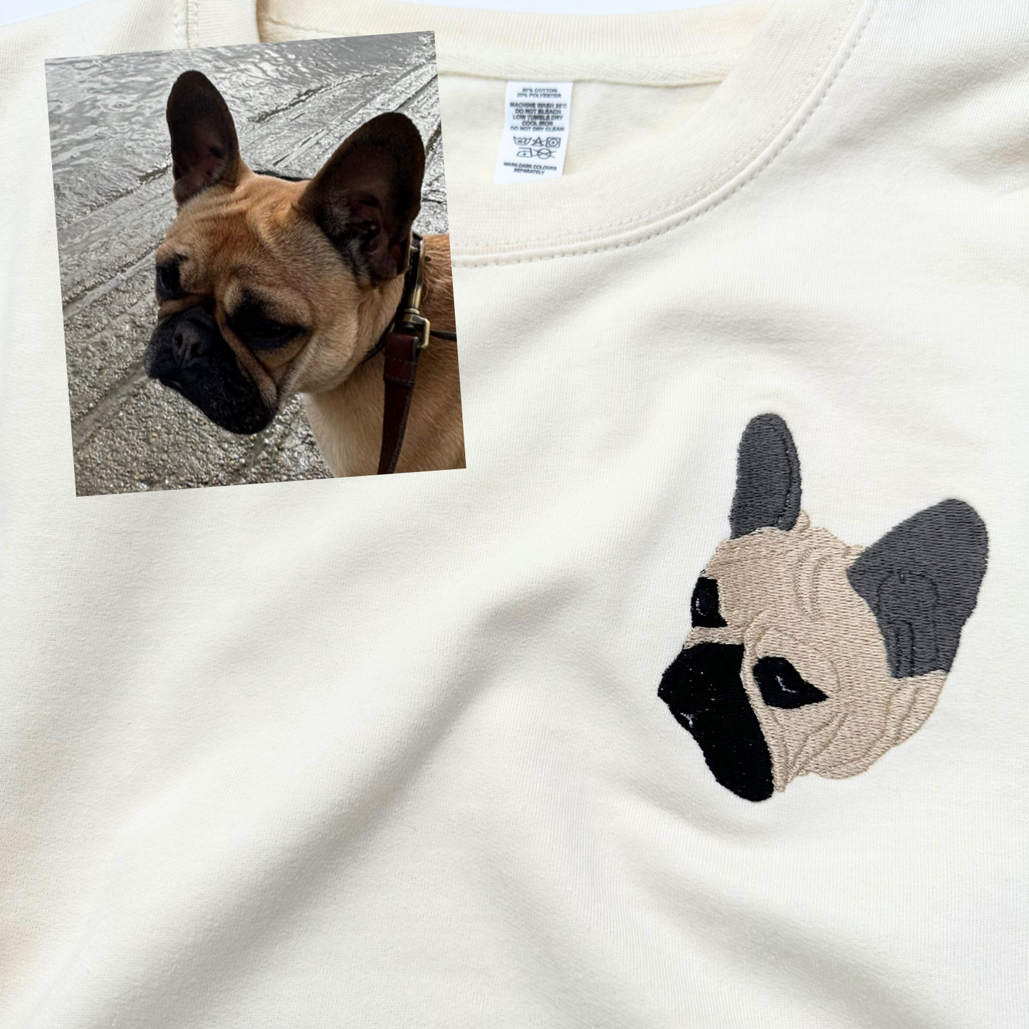 Personalised Pet Portrait Hoodie with Intricate Embroidery - This stunning hoodie showcases a lifelike embroidered portrait of your furry friend. Expertly crafted with attention to detail and shading, the image captures your pet's unique personality, making it a cherished keepsake for any pet owner. Made with high-quality materials, this hoodie is not only beautiful and sentimental, but also comfortable and practical. Wear your pet's likeness close to your heart with this personalised pet portrait hoodie.