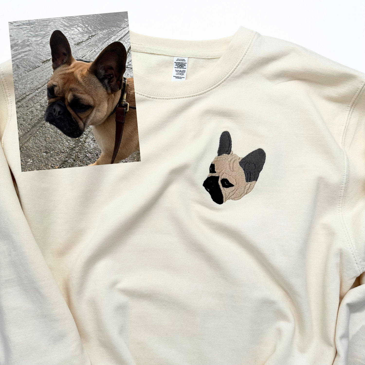 This gorgeous sweater features a lifelike embroidered portrait of your beloved pet. Meticulously crafted with intricate attention to detail and shading, the image captures the unique essence of your furry friend, making it a treasured keepsake for any pet owner. Made with premium-quality materials, this sweater is as comfortable as it is stylish, ensuring you'll wear it again and again.