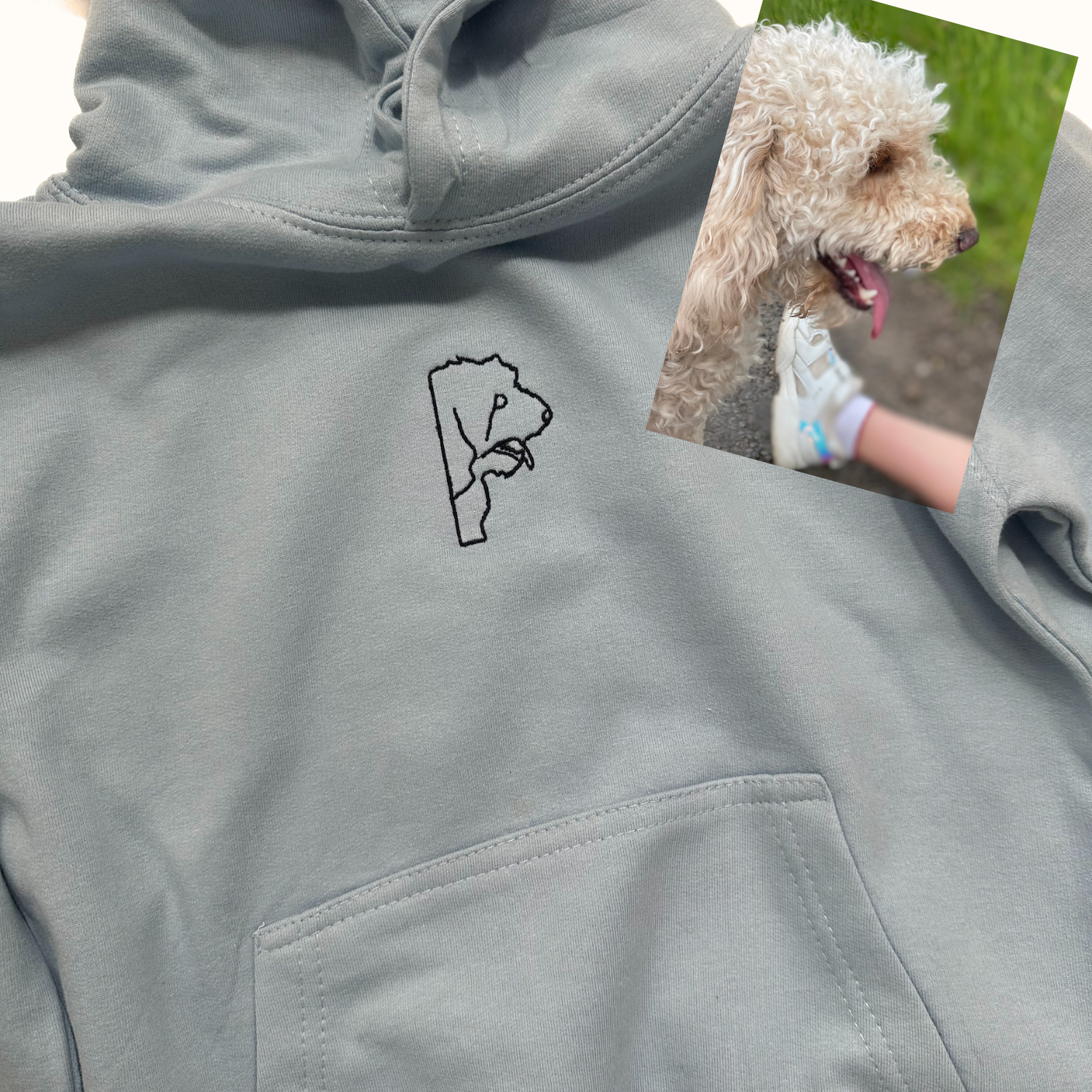 Personalised kids' hoodie featuring an embroidered outline artwork of a customer's submitted image. The image is transformed into a unique, custom design that is stitched onto the hoodie, making it a one-of-a-kind piece
