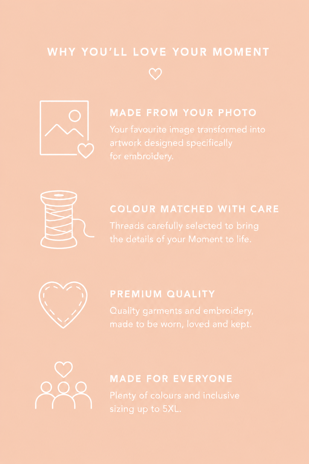 A peach-colored promotional graphic with white text and line icons explaining the benefits of using 'Your Moment' embroidery thread. It reads: 'WHY YOU'LL LOVE YOUR MOMENT', 'MADE FROM YOUR PHOTO', 'COLOUR MATCHED WITH CARE', 'PREMIUM QUALITY', and 'MADE FOR EVERYONE'.