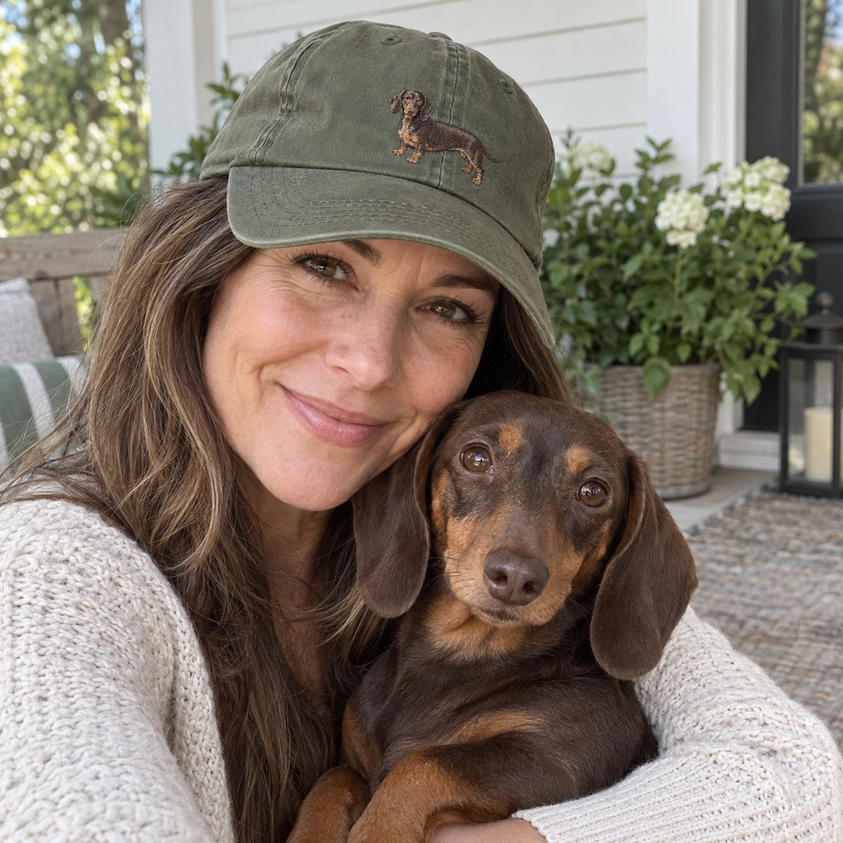 Woman wearing an olive green custom dachshund pet portrait embroidered cap with a full-body dog design in a natural porch selfie