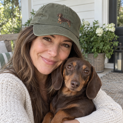 Woman wearing an olive green custom dachshund pet portrait embroidered cap with a full-body dog design in a natural porch selfie