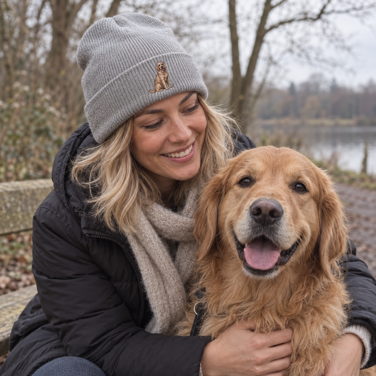 Custom dog photo embroidered beanie with full-body Golden Retriever embroidery, photographed outdoors in a natural winter UGC style
