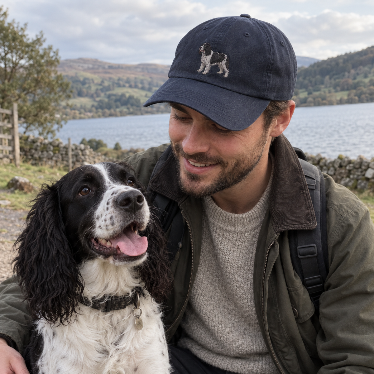 Man wearing a navy custom dog photo embroidered pet portrait cap with a full-body spaniel design on a countryside walk