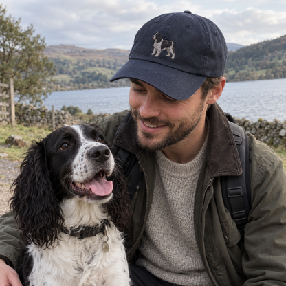 Man wearing a navy custom dog photo embroidered pet portrait cap with a full-body spaniel design on a countryside walk