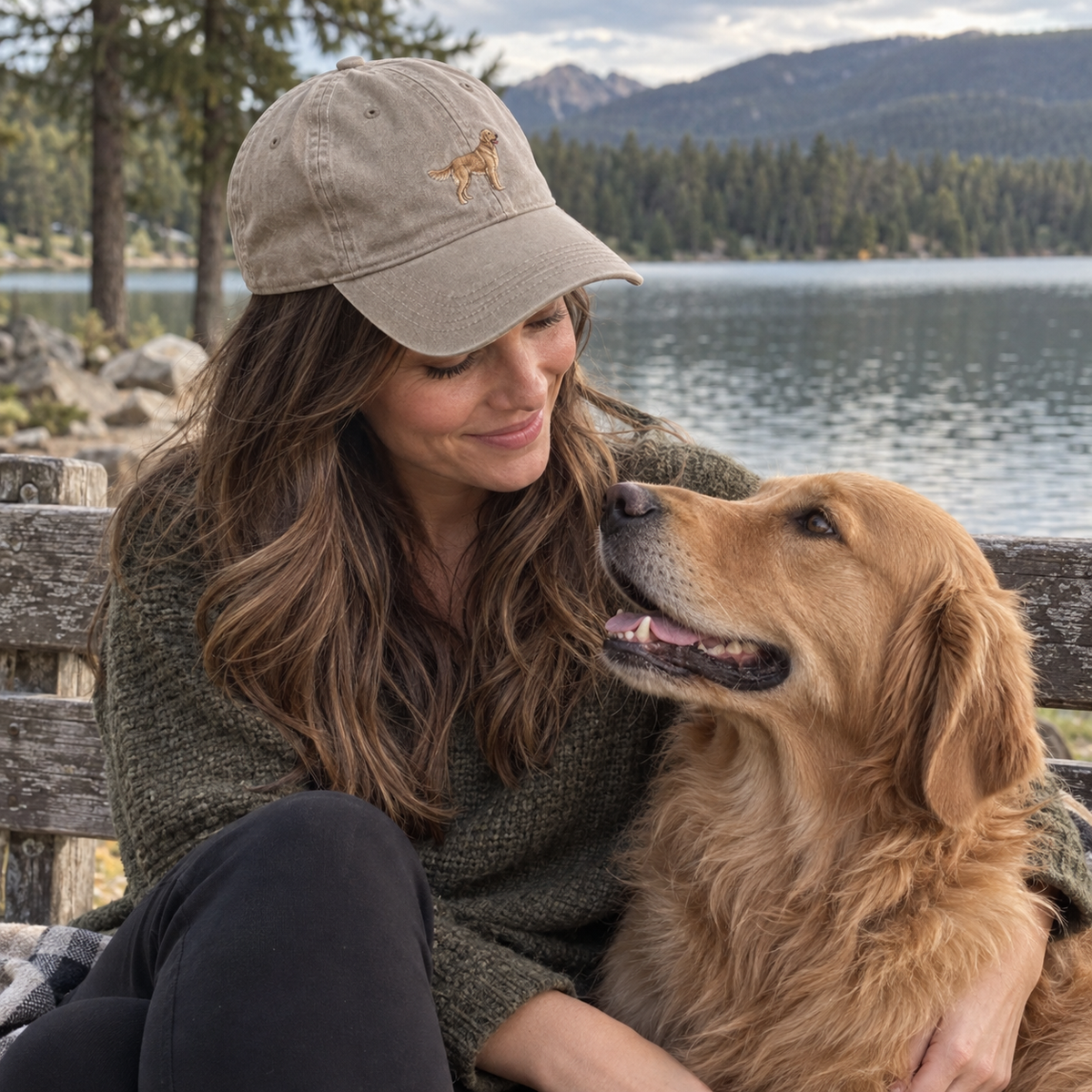 Personalised vintage dog portrait cap in Vintage Stone with full-body Golden Retriever embroidery, photographed in a natural outdoor lifestyle setting
