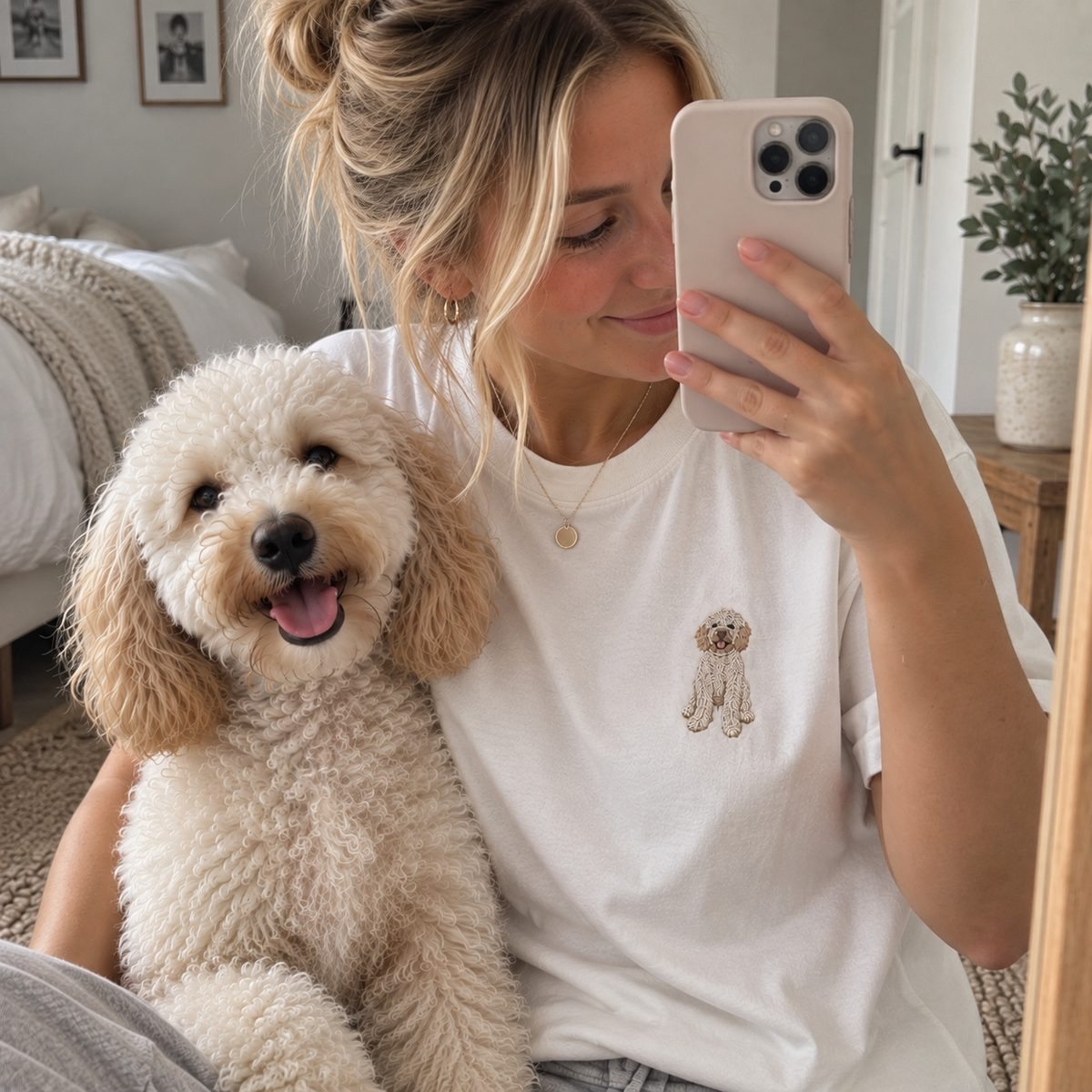 Custom dog portrait embroidered T-shirt with personalised pet embroidery in a natural mirror selfie