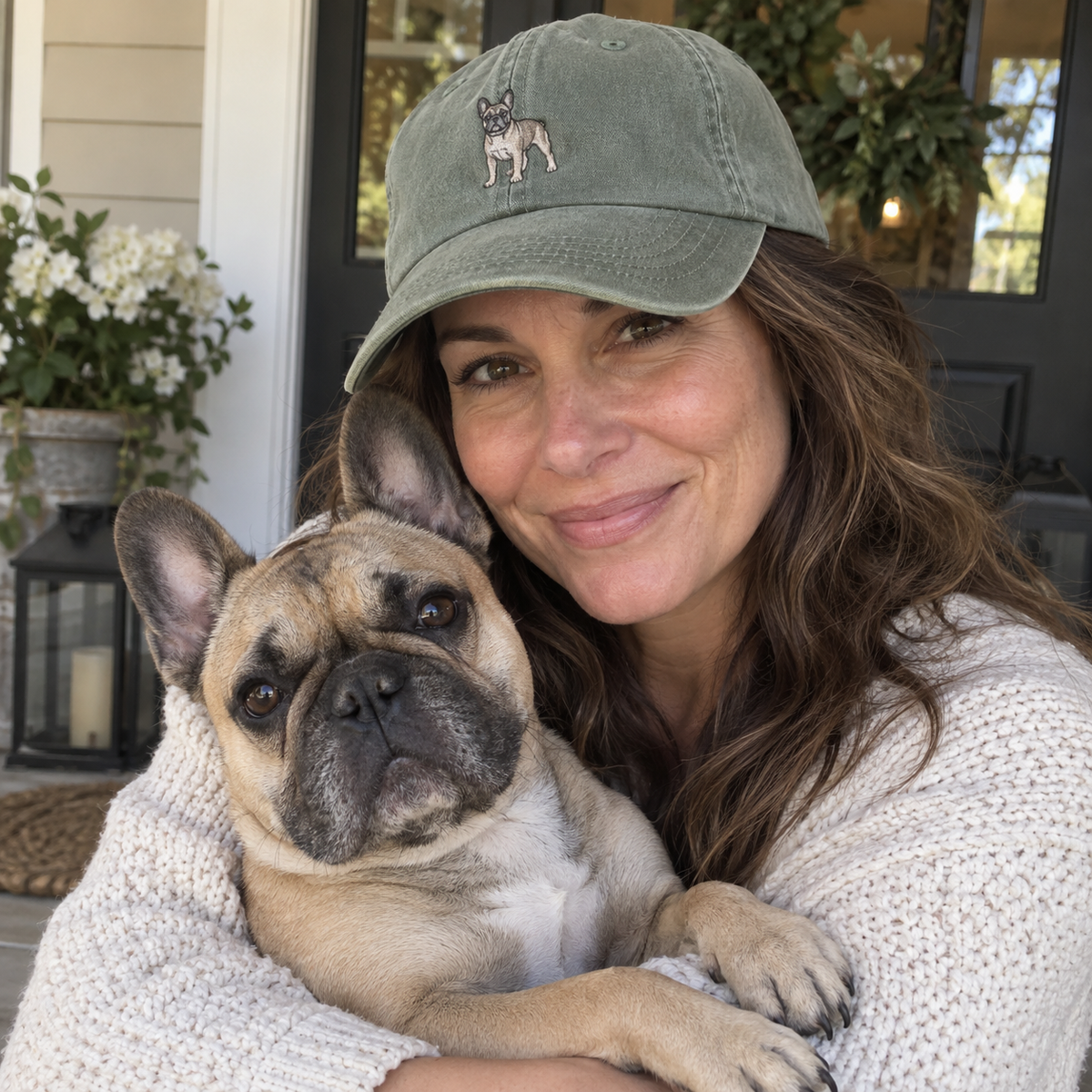 Custom embroidered French Bulldog pet portrait cap in Vintage Sage Green, shown in a cosy natural UGC portrait with the dog