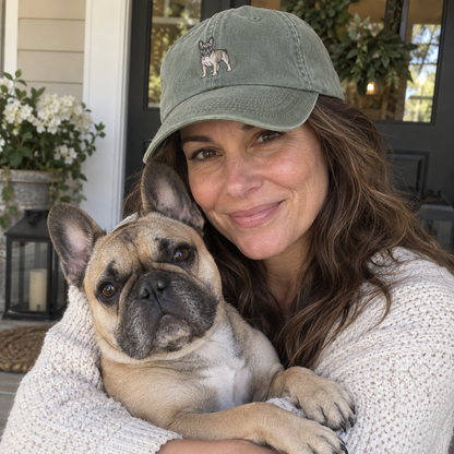 Custom embroidered French Bulldog pet portrait cap in Vintage Sage Green, shown in a cosy natural UGC portrait with the dog