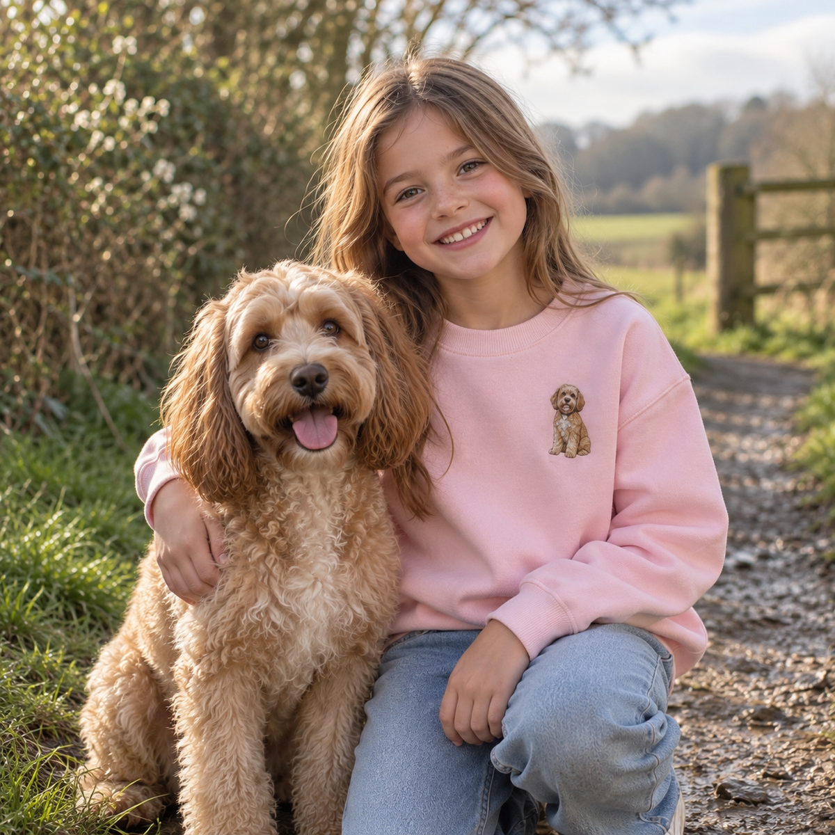 Girl wearing a custom embroidered kids pet photo sweater in pink with her dog on a country lane