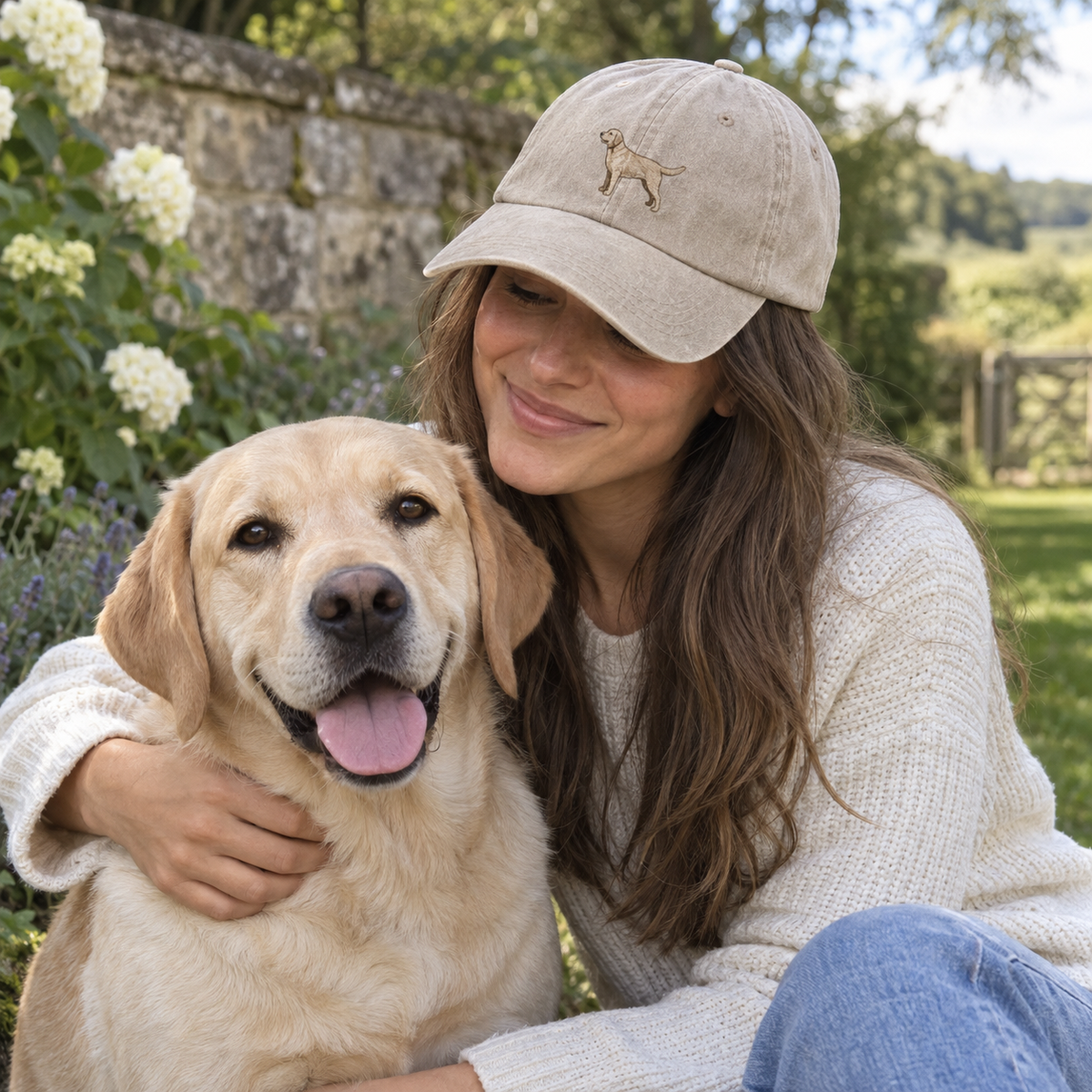 Custom Labrador pet photo embroidered vintage cap in Vintage Sand with full-body dog embroidery, photographed in a natural garden lifestyle scene