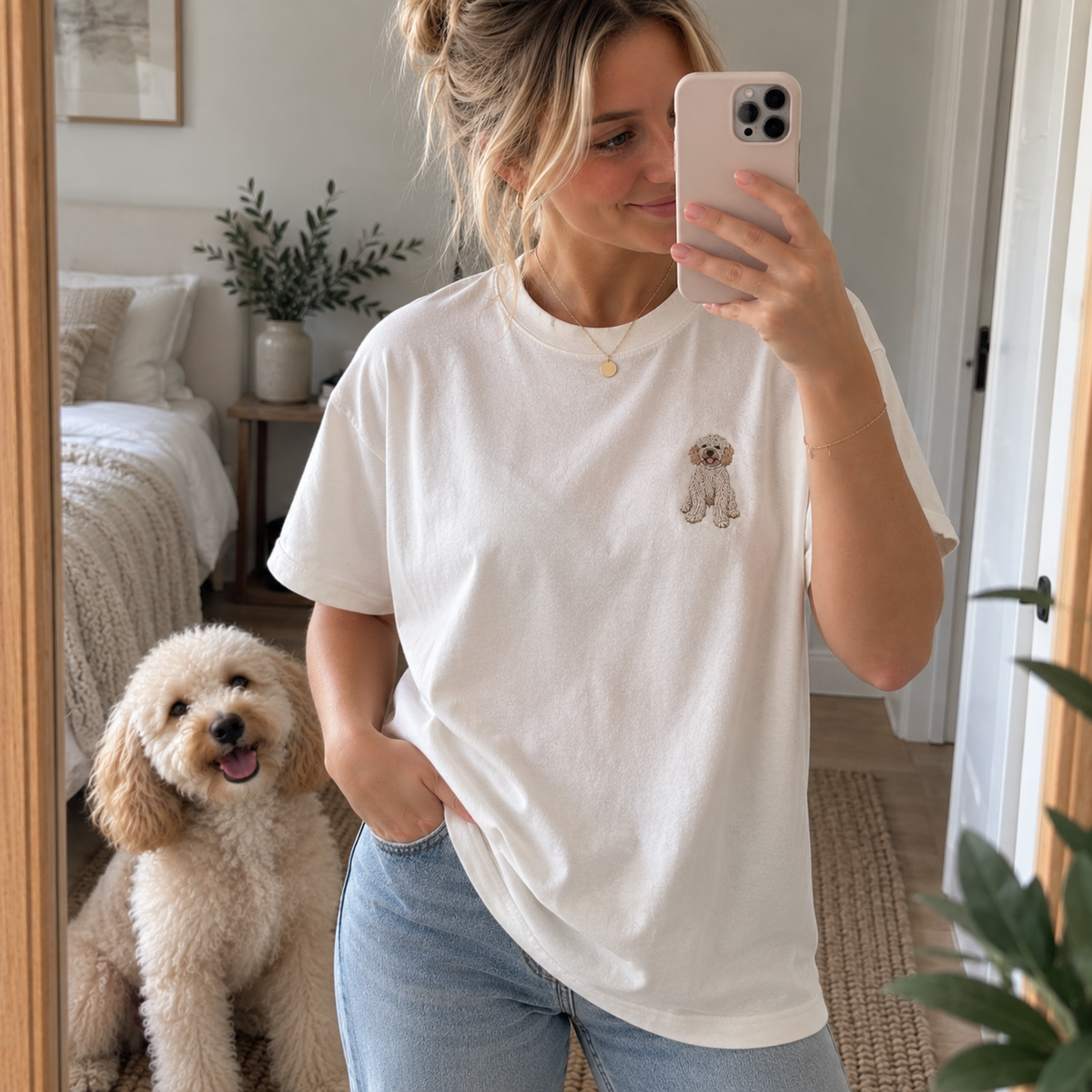 Embroidered pet portrait T-shirt personalised from a dog photo, shown in a standing mirror selfie