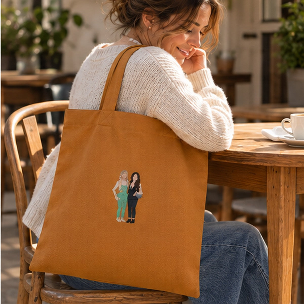 Amber personalised embroidered photo tote bag with two friends design, unique friendship gift