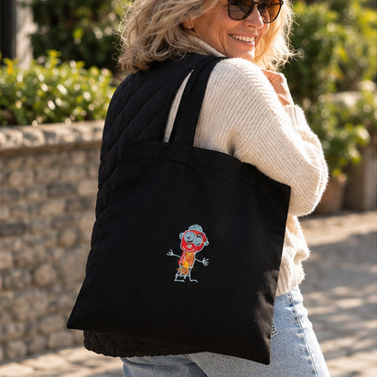 Black personalised embroidered tote bag with child's colourful drawing stitched onto canvas