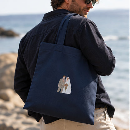 French navy personalised embroidered wedding photo tote bag, couple design on organic cotton canvas
