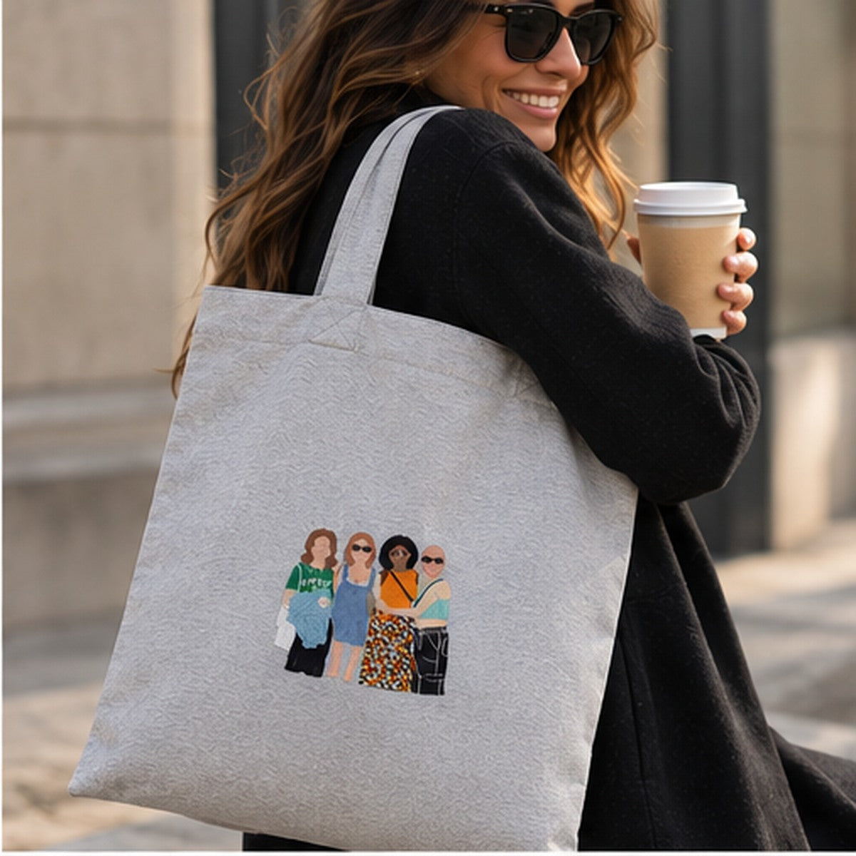 Light grey personalised photo embroidery tote bag featuring four friends, everyday gift idea
