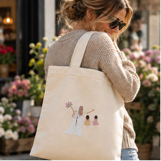 Natural personalised embroidered photo tote bag with bride and children, W801 organic cotton canvas lifestyle photo