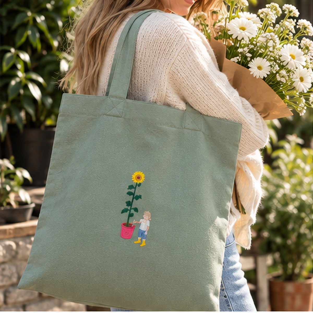 Sage green personalised embroidered tote bag with sunflower and child design, organic cotton canvas gift