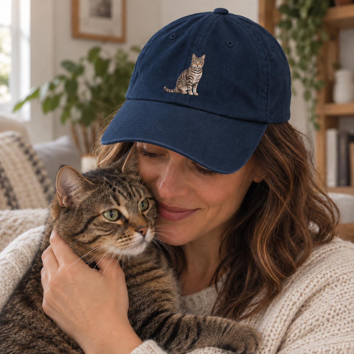Woman wearing a personalised embroidered brushed pet portrait cap with a full-body tabby cat design in a cosy indoor photo