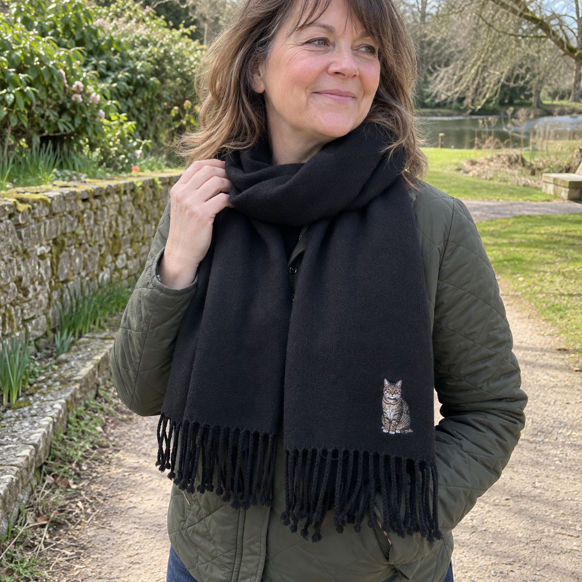 Woman wearing a black personalised embroidered pet portrait scarf with a full-body cat design in a natural outdoor photo