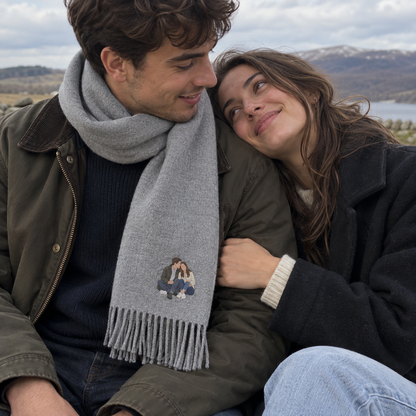 Young couple outdoors with a personalised embroidered photo scarf featuring a small muted full-colour couple portrait
