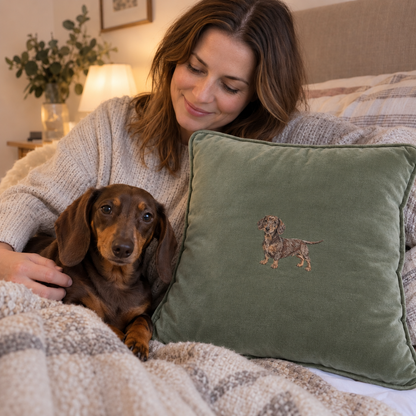 Woman with a dachshund beside a green personalised embroidered pet portrait cushion with a small centred dog design