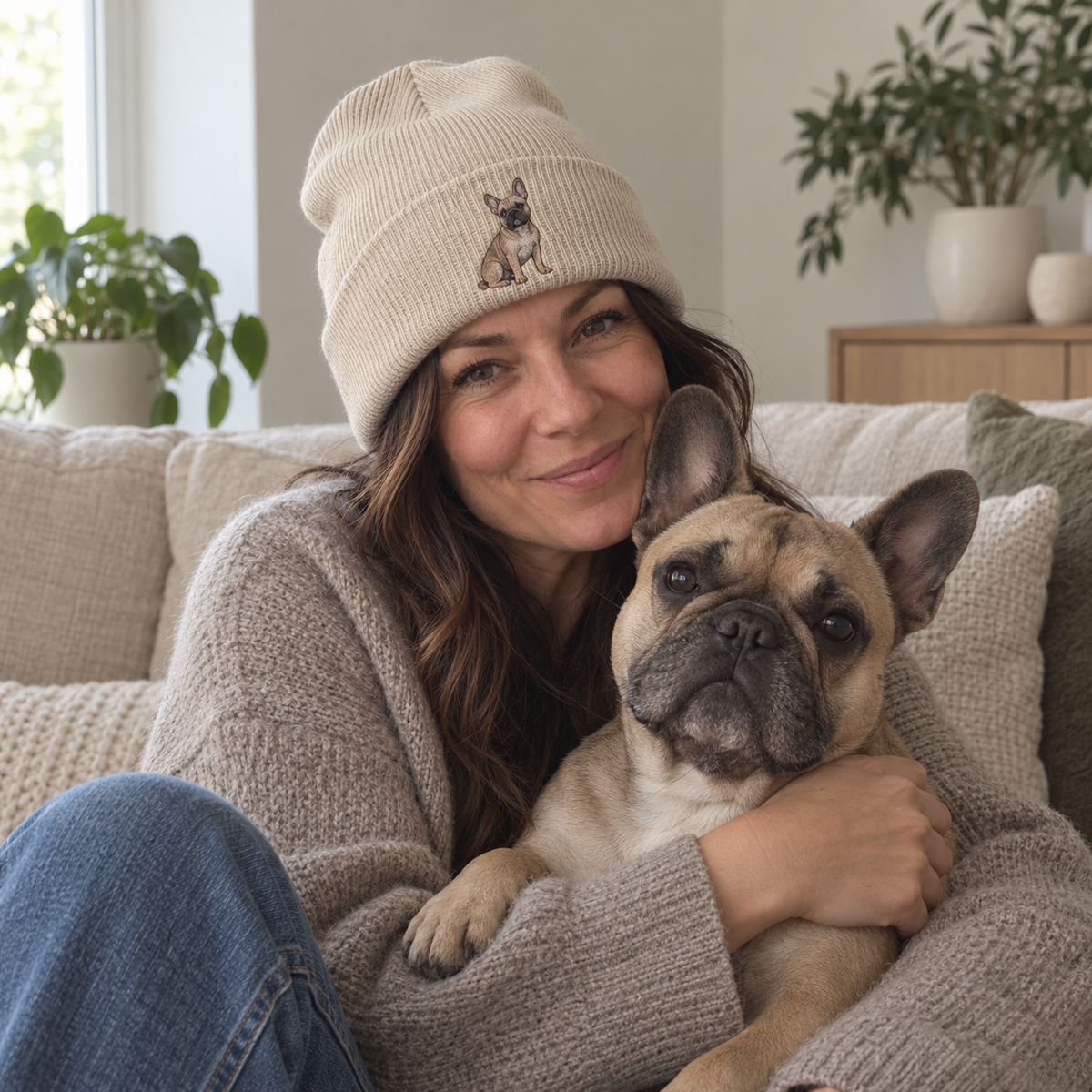Personalised dog portrait beanie with full-body French Bulldog embroidery, shown in a cosy natural lifestyle photo