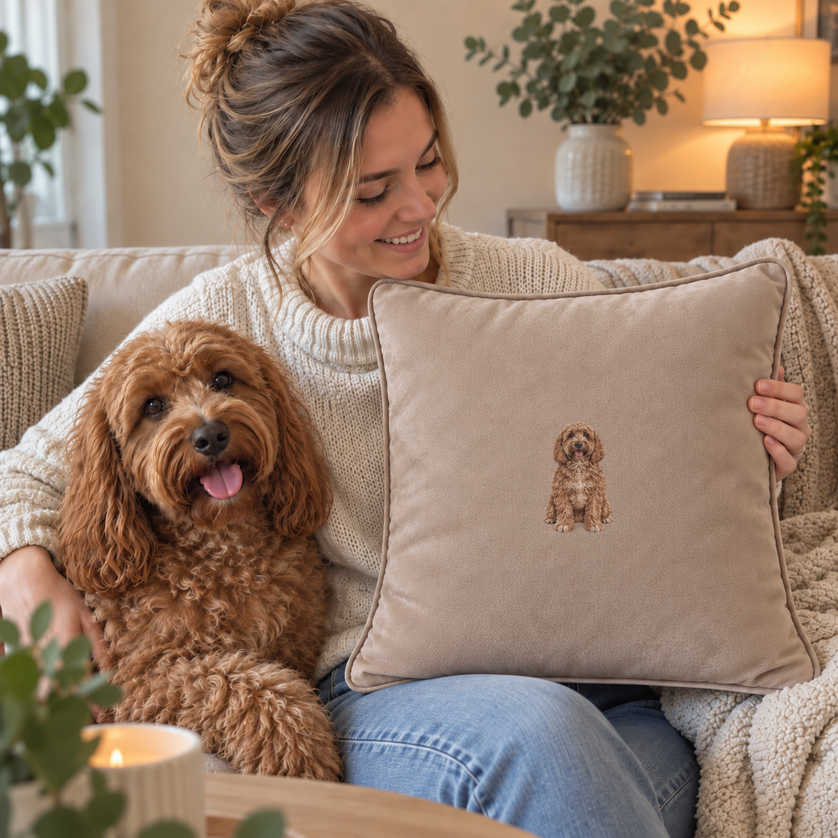 Man with his spaniel holding a neutral personalised embroidered dog portrait cushion with a small centred pet design