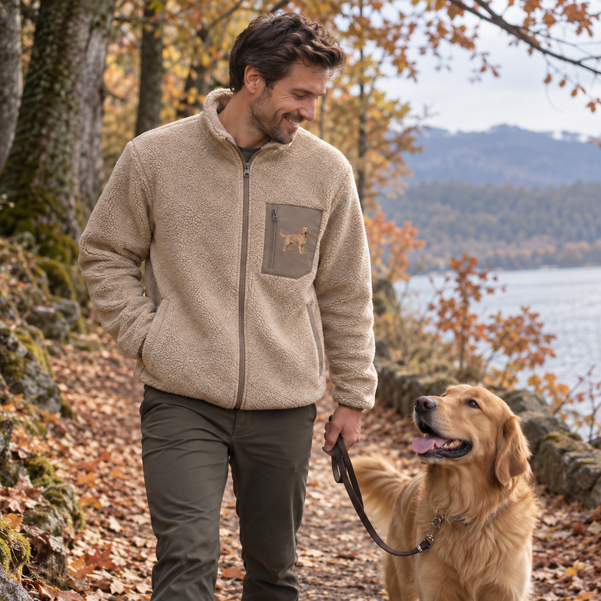 Man wearing a wet sand personalised embroidered dog portrait sherpa fleece with a Golden Retriever design on the chest pocket