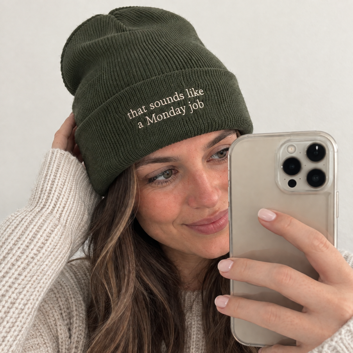 Personalised embroidered beanie with custom text in olive green – Wear Your Moment