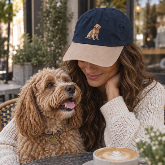 Woman wearing a personalised embroidered brushed pet portrait cap with a full-body dog design in a natural café lifestyle photo
