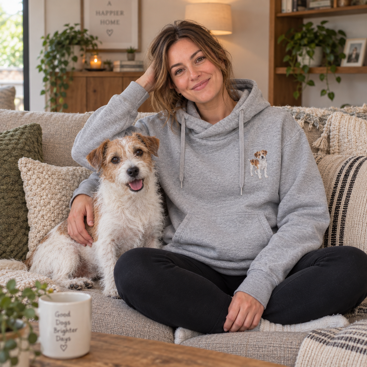 Woman wearing a personalised embroidered dog portrait cross neck hoodie with her pet in a cosy home UGC photo