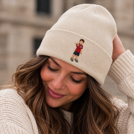 Personalised embroidered photo beanie with a football memory on a cream ribbed hat