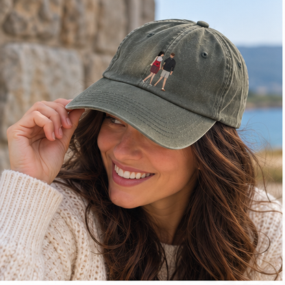 Personalised embroidered photo cap with couple design worn in a natural UGC lifestyle photo