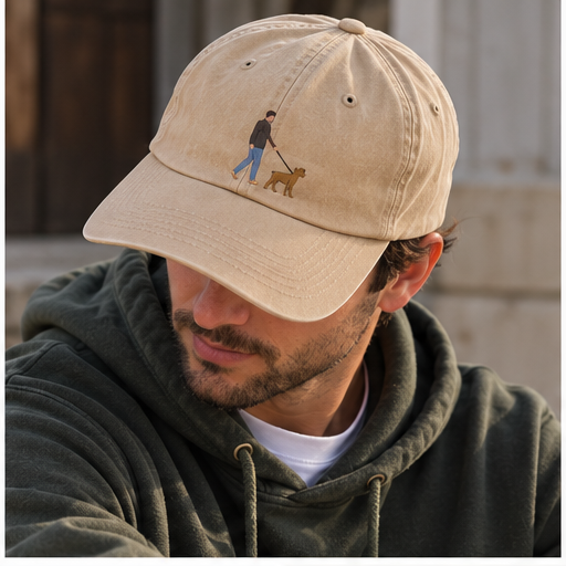 Personalised embroidered cap with custom full-figure dog walking photo design in a UGC lifestyle photo