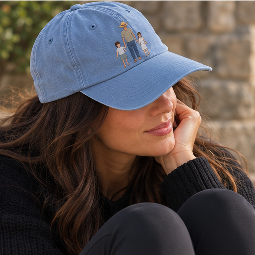 Personalised family photo embroidered cap with custom full-figure design worn in a natural UGC lifestyle photo