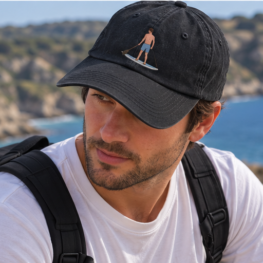 Personalised embroidered photo cap with paddleboard memory design worn in a coastal UGC lifestyle photo