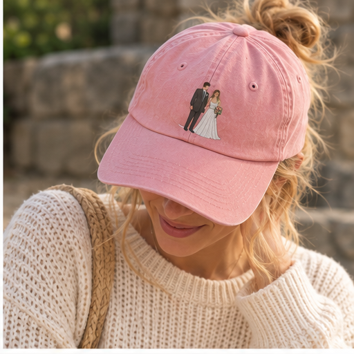 Personalised wedding photo embroidered cap with bride and groom design worn in a UGC lifestyle photo