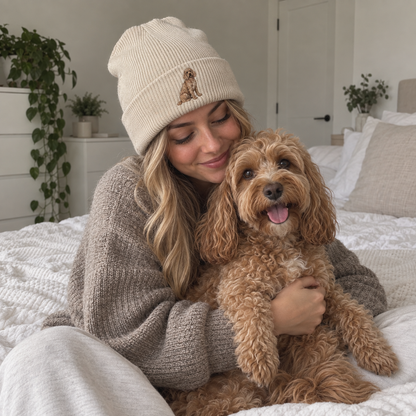 Personalised embroidered pet portrait beanie with full-body Cavapoo embroidery, shown in a natural UGC lifestyle photo