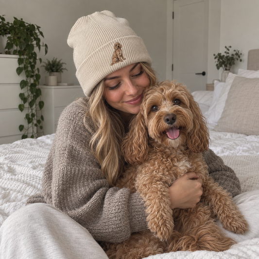 Personalised embroidered pet portrait beanie with full-body Cavapoo embroidery, shown in a natural UGC lifestyle photo