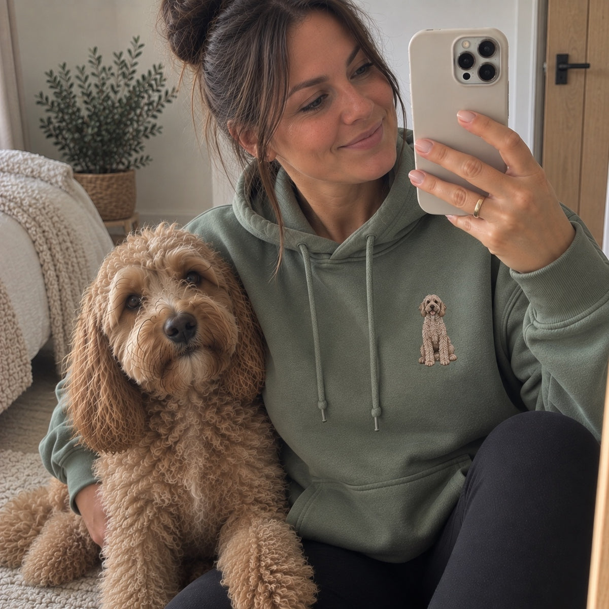 Woman wearing a Dusty Green personalised embroidered pet portrait hoodie with her dog in a natural UGC lifestyle photo