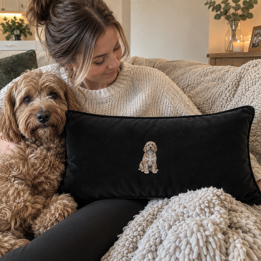Woman with her dog holding a black personalised embroidered pet portrait rectangle cushion with a small centred dog design