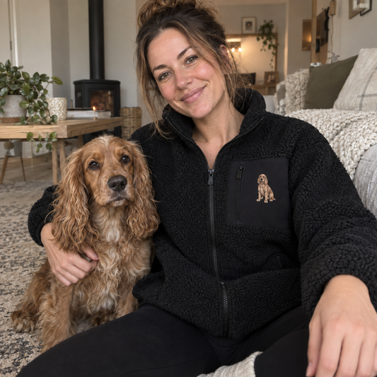 Woman wearing a black personalised embroidered pet portrait sherpa fleece with a spaniel design embroidered on the chest pocket