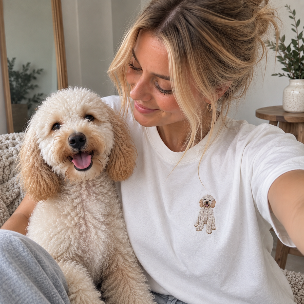 Personalised embroidered pet portrait T-shirt made from a dog photo, worn in a natural UGC lifestyle selfie